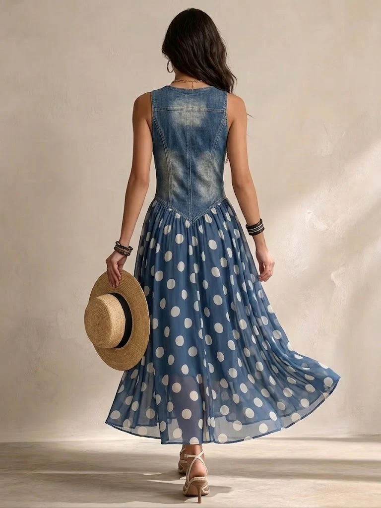 Valérie | Robe Denim Élégante Jupon Chiffon à Pois