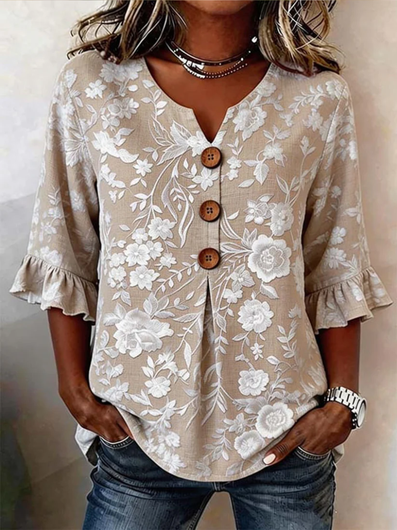 Nora | Blouse Florale Boutons Décoratifs