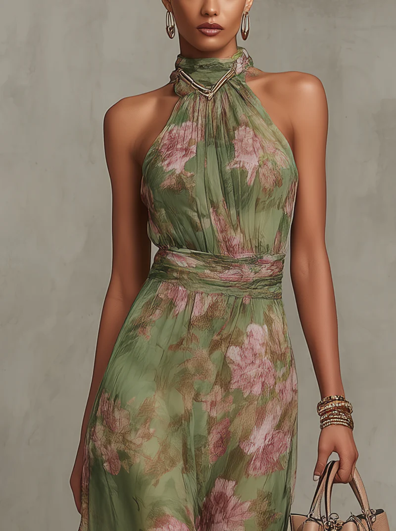 Serena | Robe Longue Fleurie à Encolure Licou
