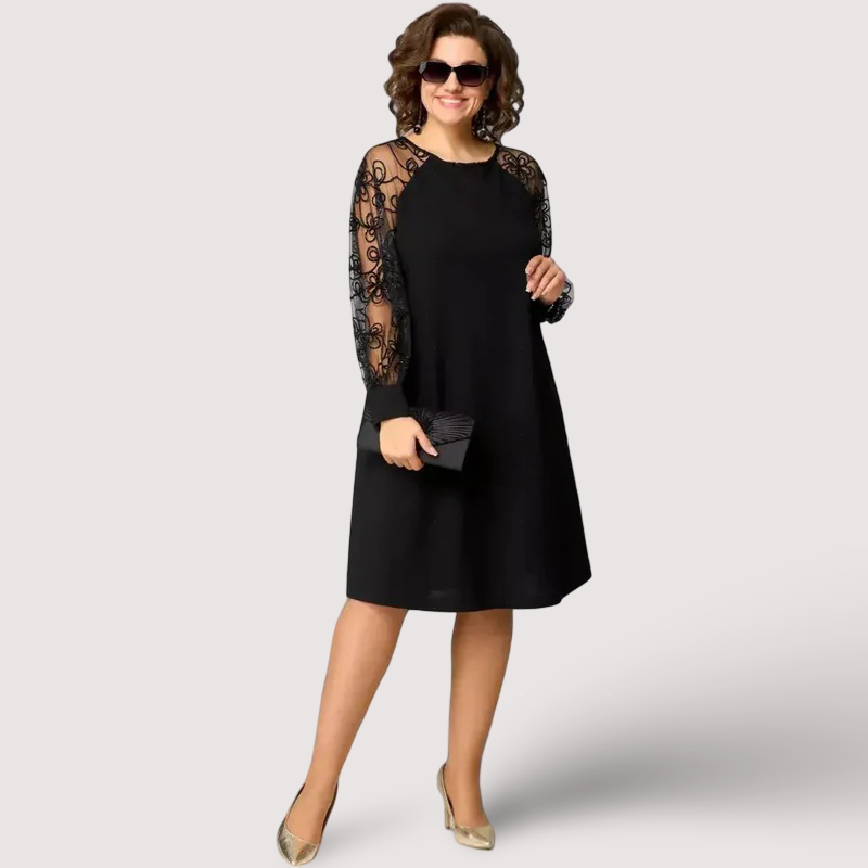 Helena | Robe Noire Élégante Manches en Dentelle