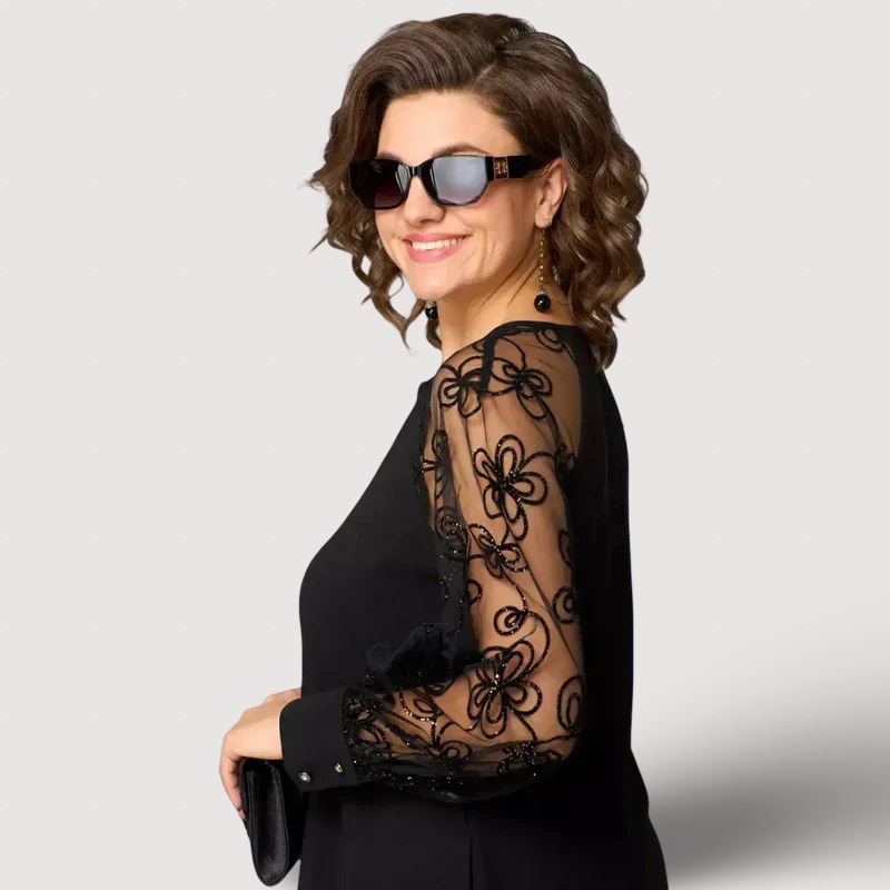 Helena | Robe Noire Élégante Manches en Dentelle
