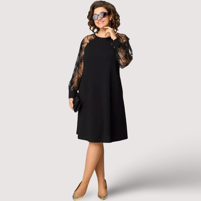Helena | Robe Noire Élégante Manches en Dentelle